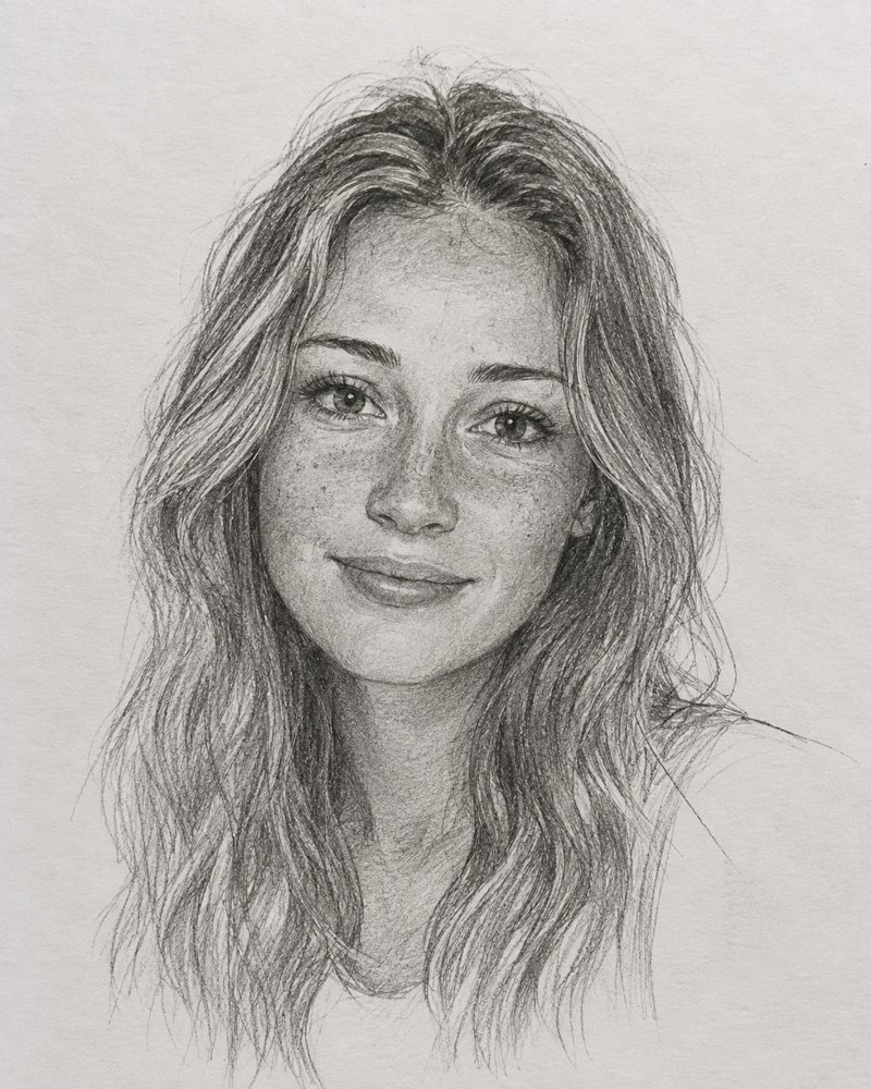 Potloodportret van een vrouw met golvend haar en sproeten