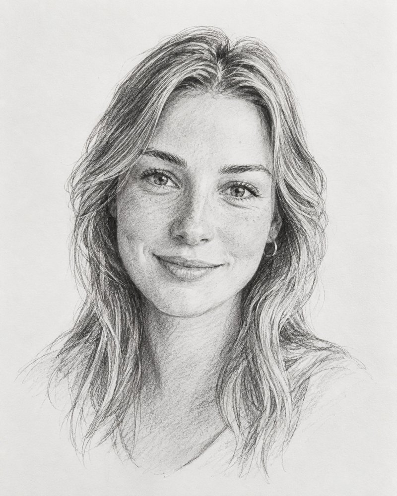 Potloodportret van een lachende vrouw met oorringen