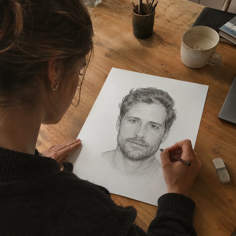 Willemijn tekent een portret met potlood